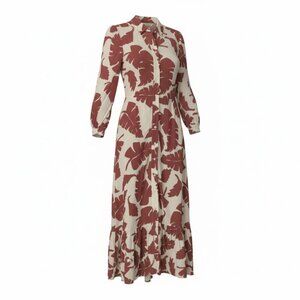 ZARA Floral Maxi Dress, Brown & Cream,‎ 4-6, Belted, Button Front, Summer, Work